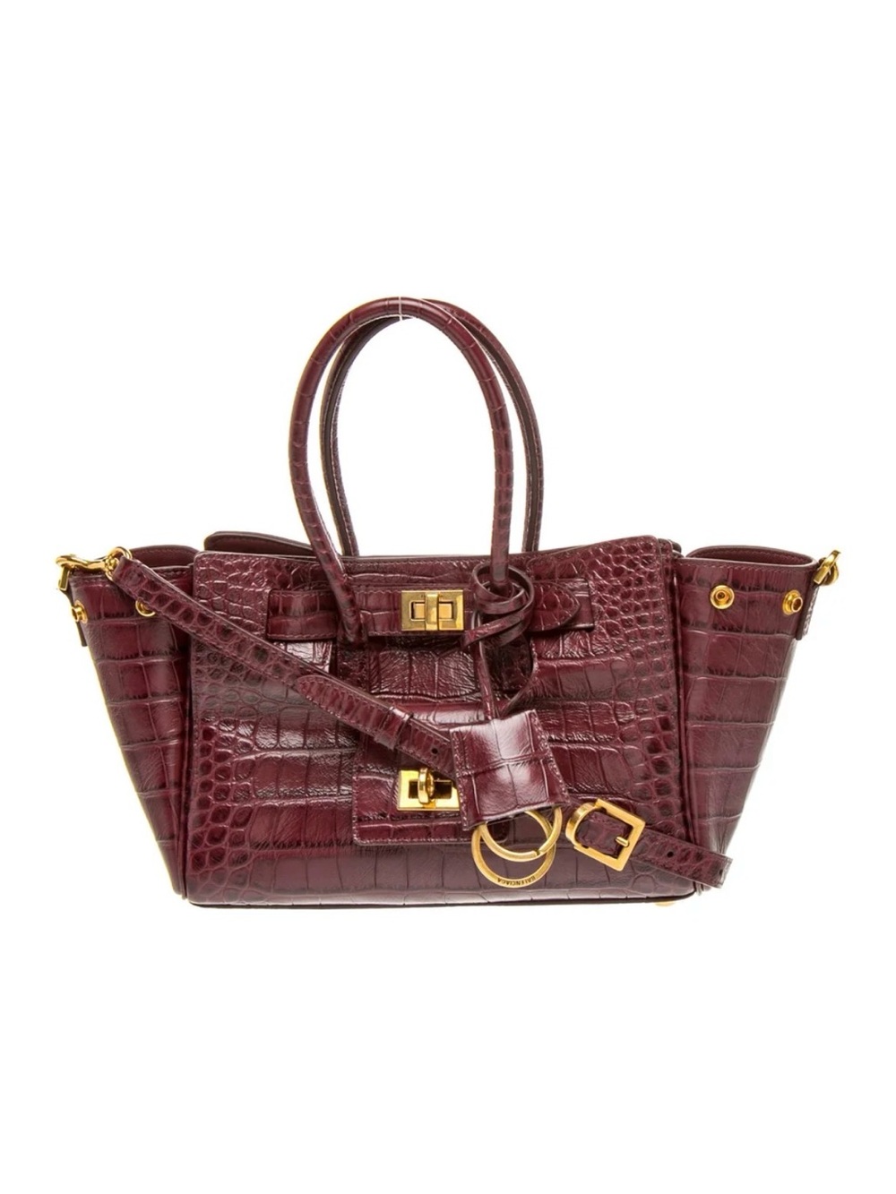 Balenciaga Croc-Embossed Burgundy Bag with Gold Hardware